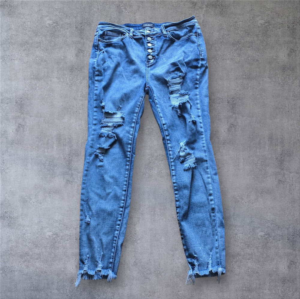 Judy Blue Women's Button Fly Skinny Fit Distressed Raw Hem Jeans, Size 13
